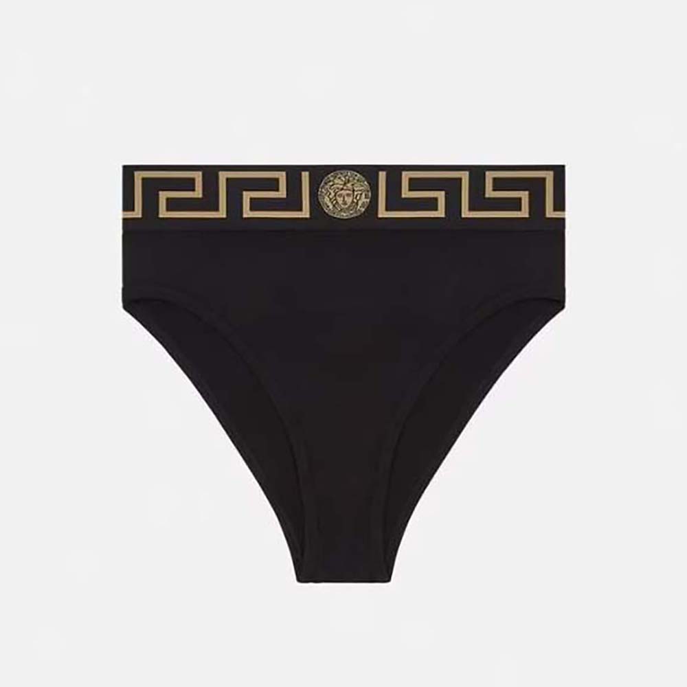 Front view of Versace Women Greca Border High Waist Briefs in black