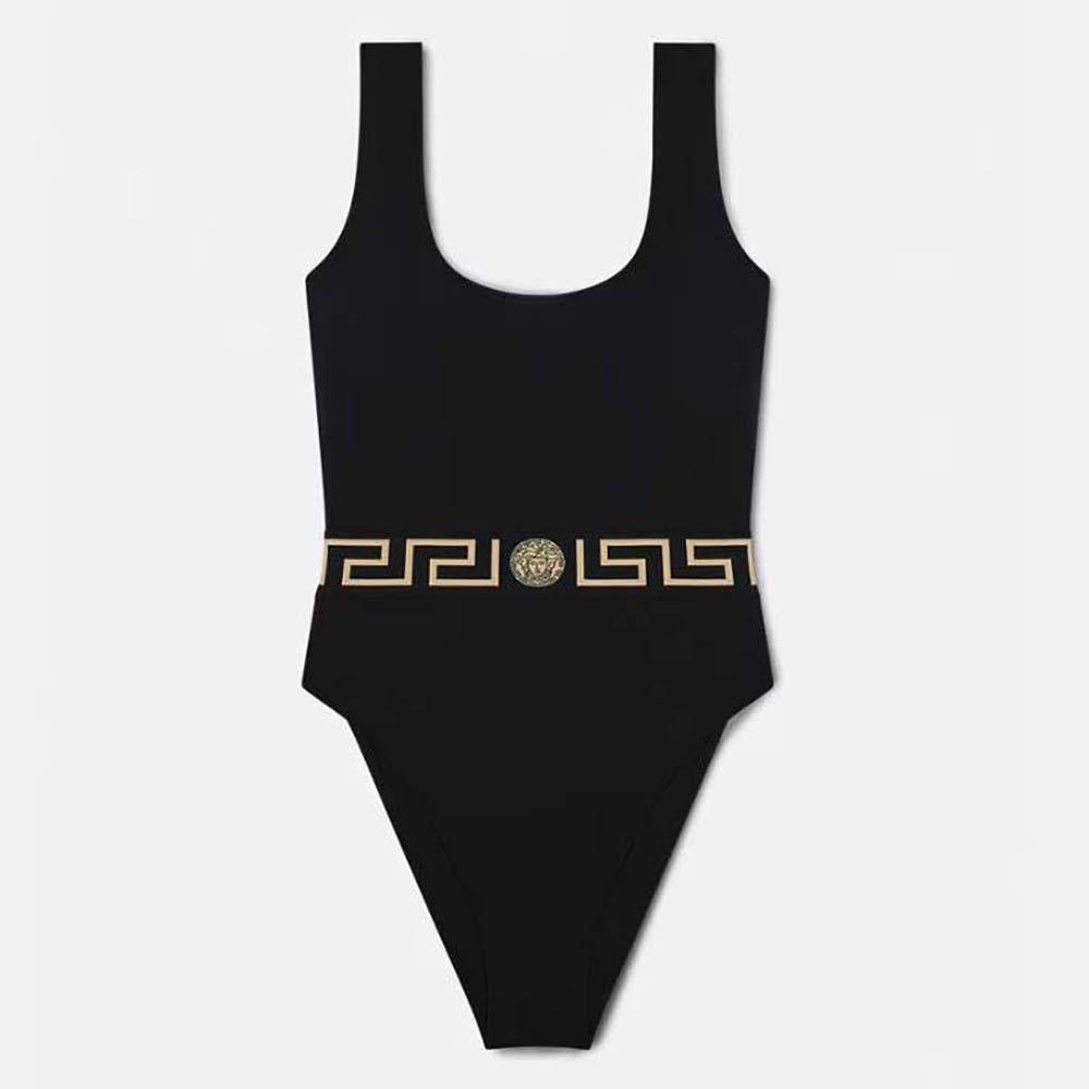 Front view of Versace Women Greca Border One-piece Swimsuit-Black with signature Greca border