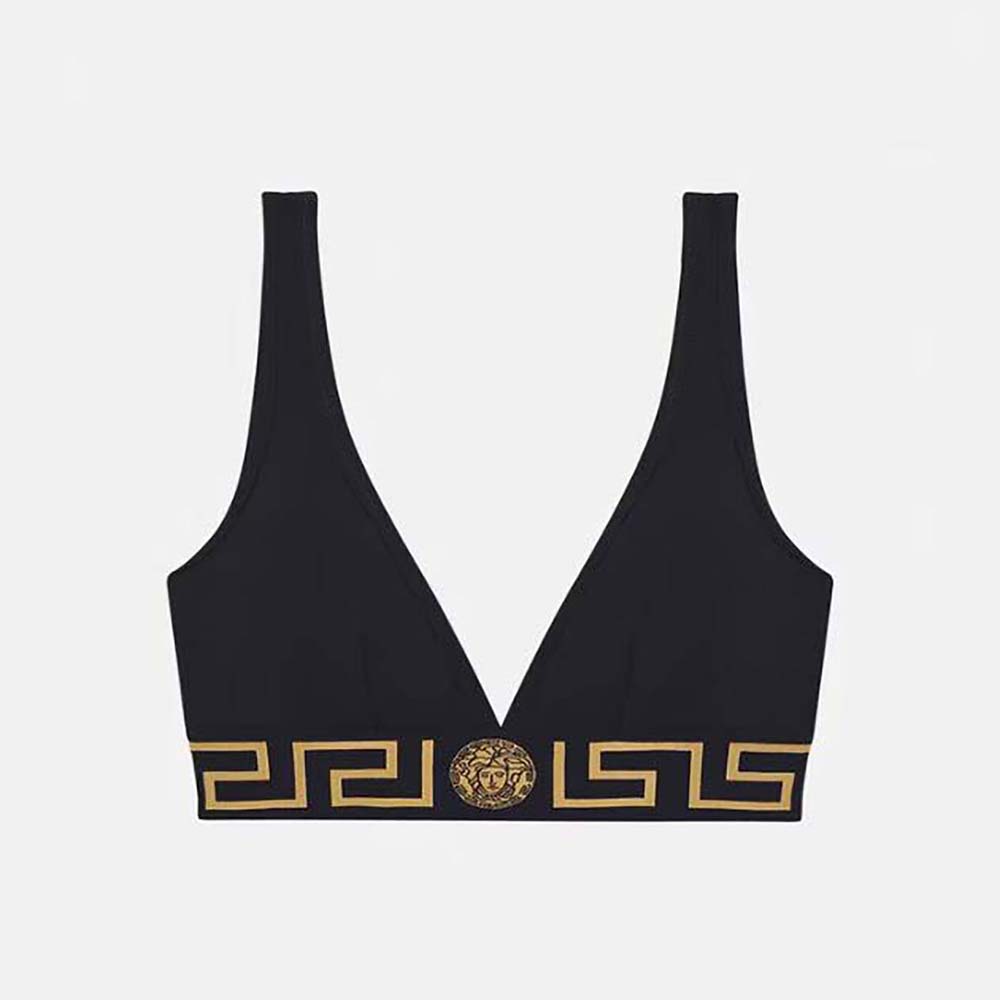 Front view of Versace Women Greca Border Triangle Bralette in black