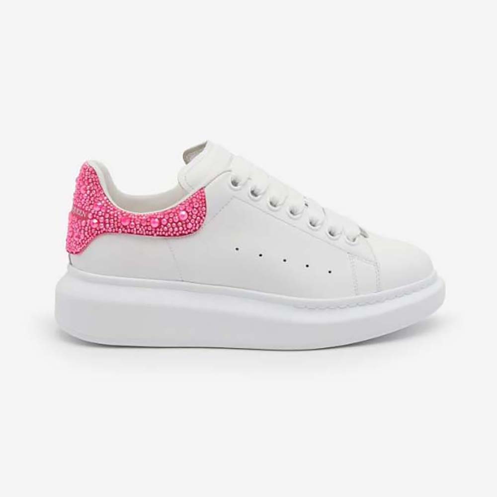 Side view of Alexander Mcqueen Women Oversized Sneaker in White/halo Pink