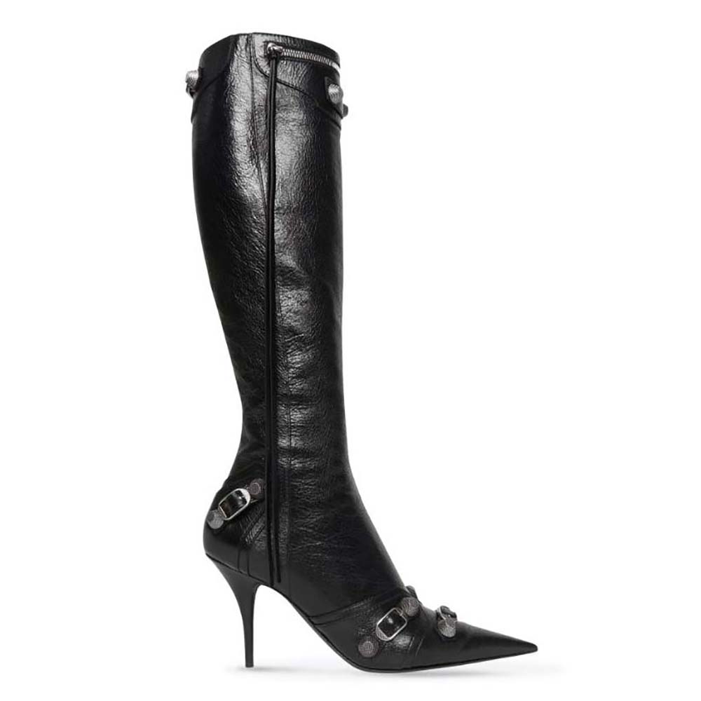 Side profile of Balenciaga Women Cagole 90mm Boot in black lambskin