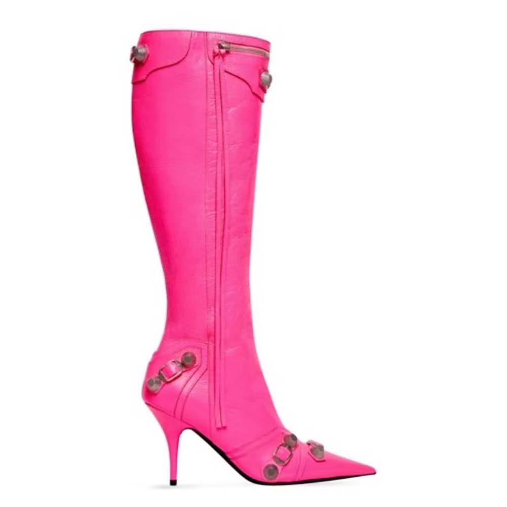 Side view of Balenciaga Women Cagole 90mm Boot in pink lambskin