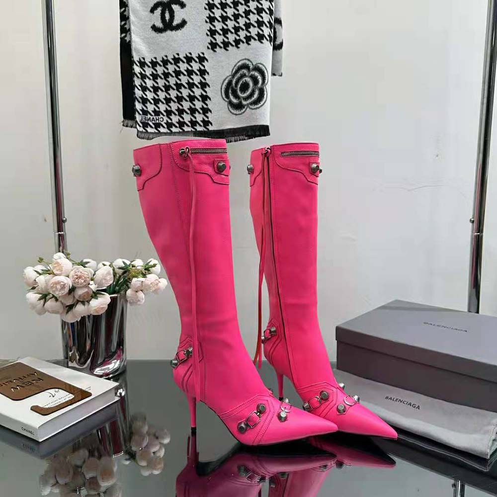 Rear angle showing slim 90mm heel on Balenciaga pink lambskin boot