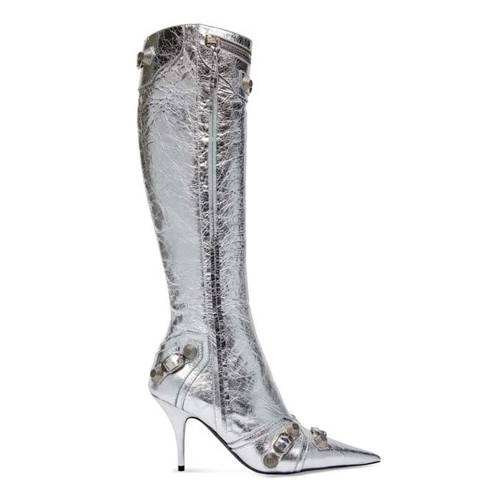 Side angle of Balenciaga Women Cagole 90mm Boot in Silver Metallized Arena Lambskin