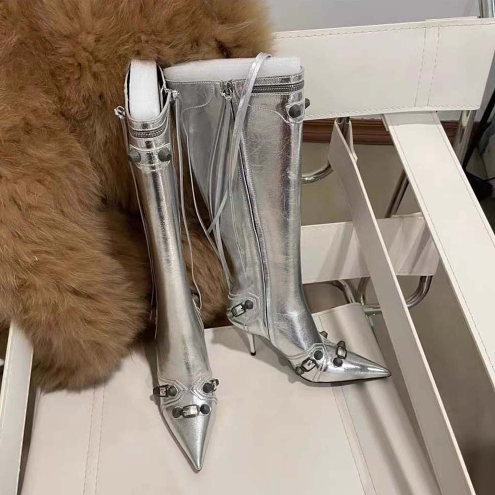 Close-up of sculpted heel and metallic lambskin texture on Balenciaga boot