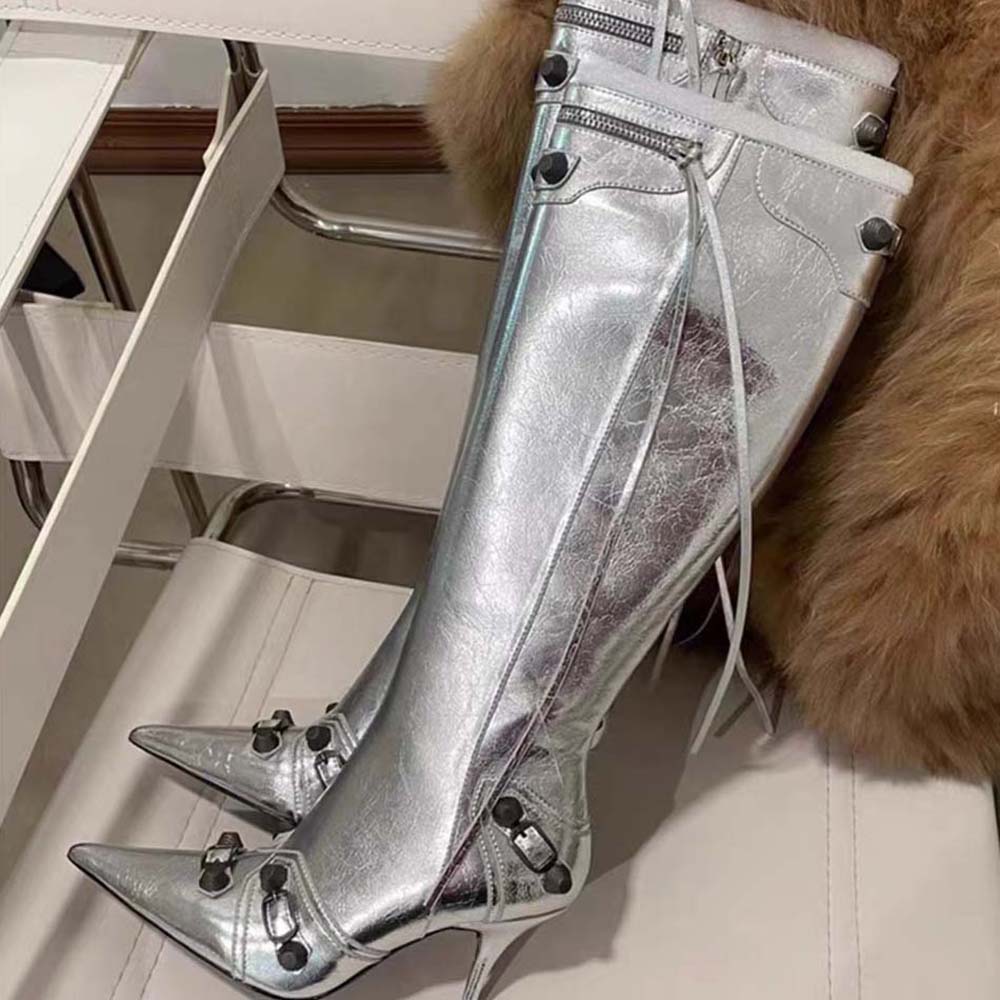 Balenciaga Women Cagole 90mm Boot in Silver Mmetallized Arena Lambskin - image 4