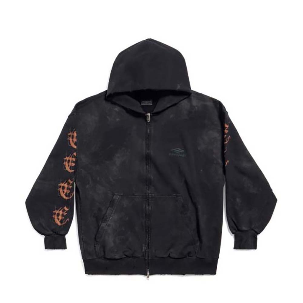 Front view of Balenciaga Women Heavy Metal Zip-Up Hoodie Small Fit in black fleece