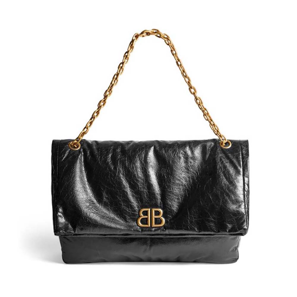 Front view of Balenciaga Women Monaco Large Chain Bag in black calfskin