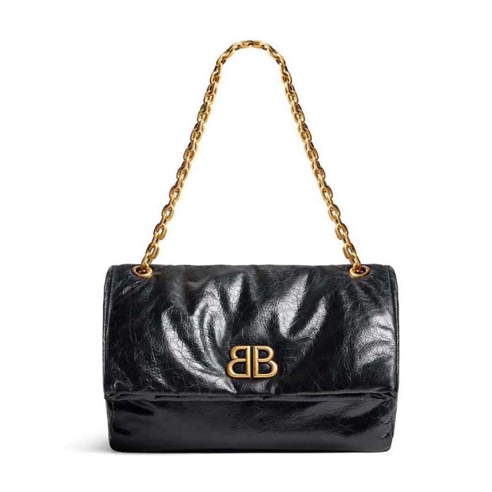 Front view of Balenciaga Women Monaco Medium Chain Bag in black arena calfskin