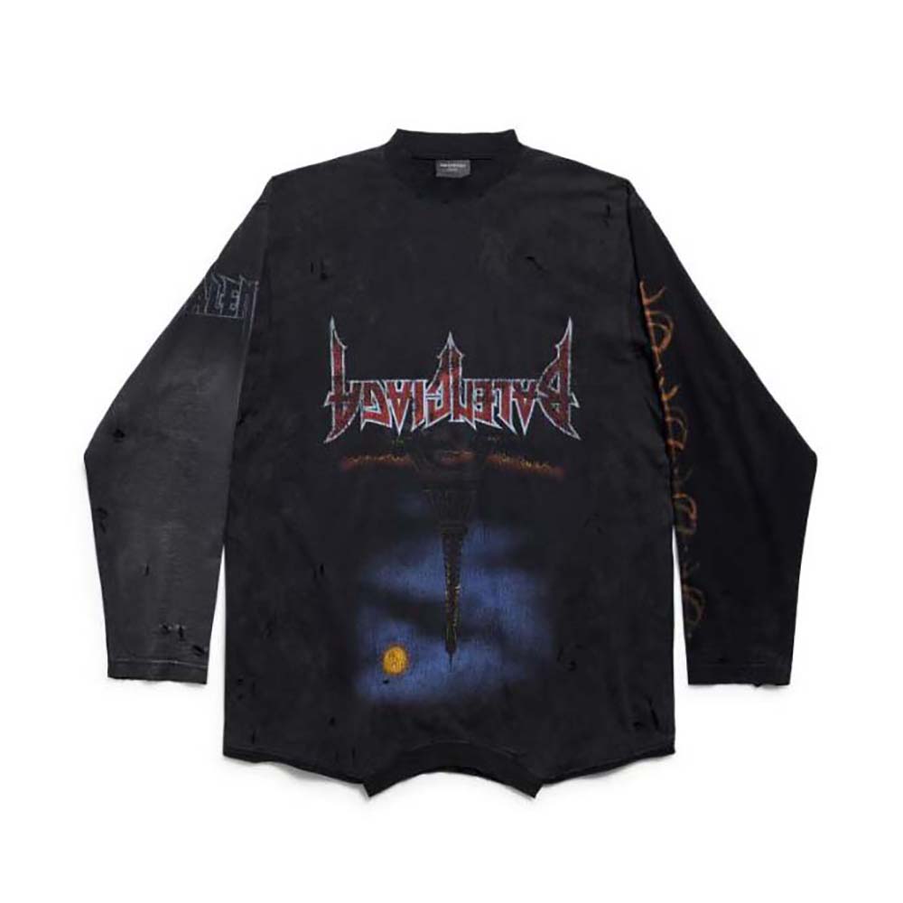Front view of Balenciaga Men Paris Moon Upside Down Long Sleeve T-Shirt Oversized black faded