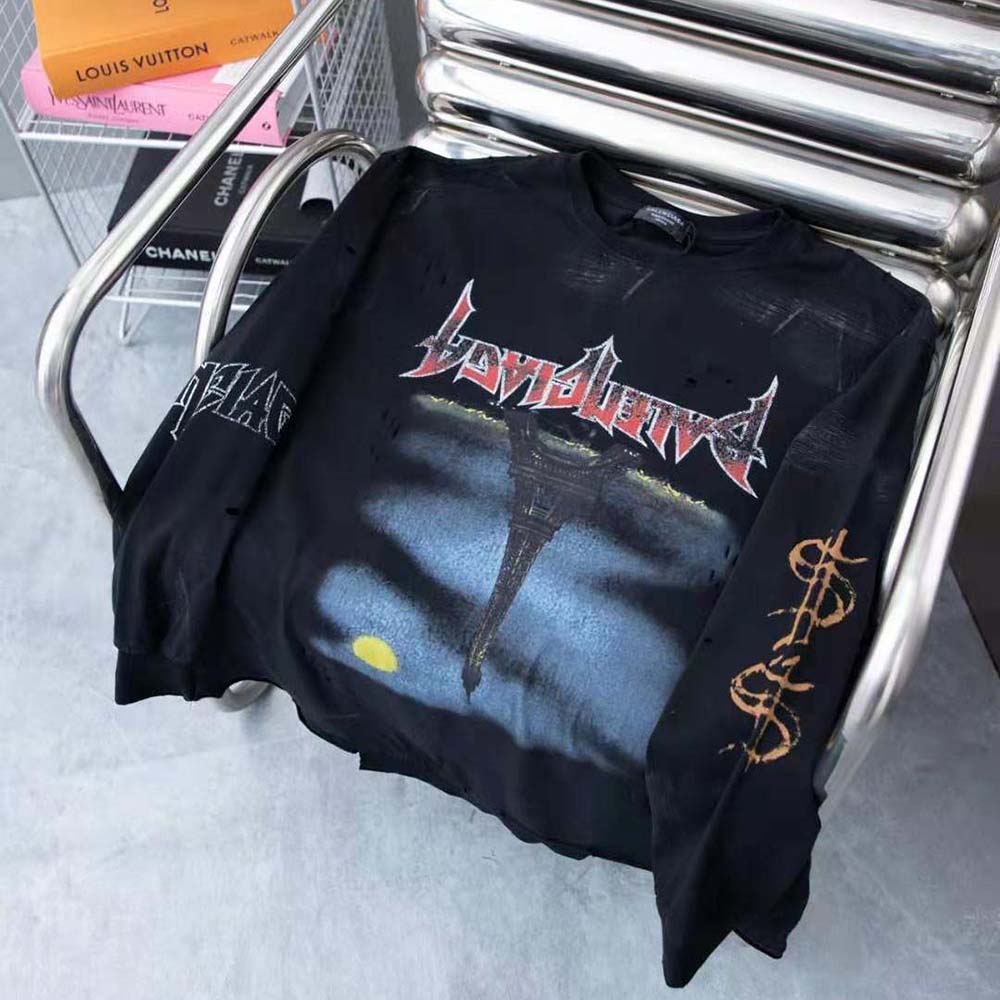 Balenciaga Men Paris Moon Upside Down Long Sleeve T-Shirt Oversized in Black Faded - image 4