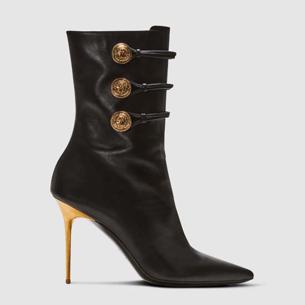 Side view of Balmain Women Alma Leather Ankle Boots in smooth black leather