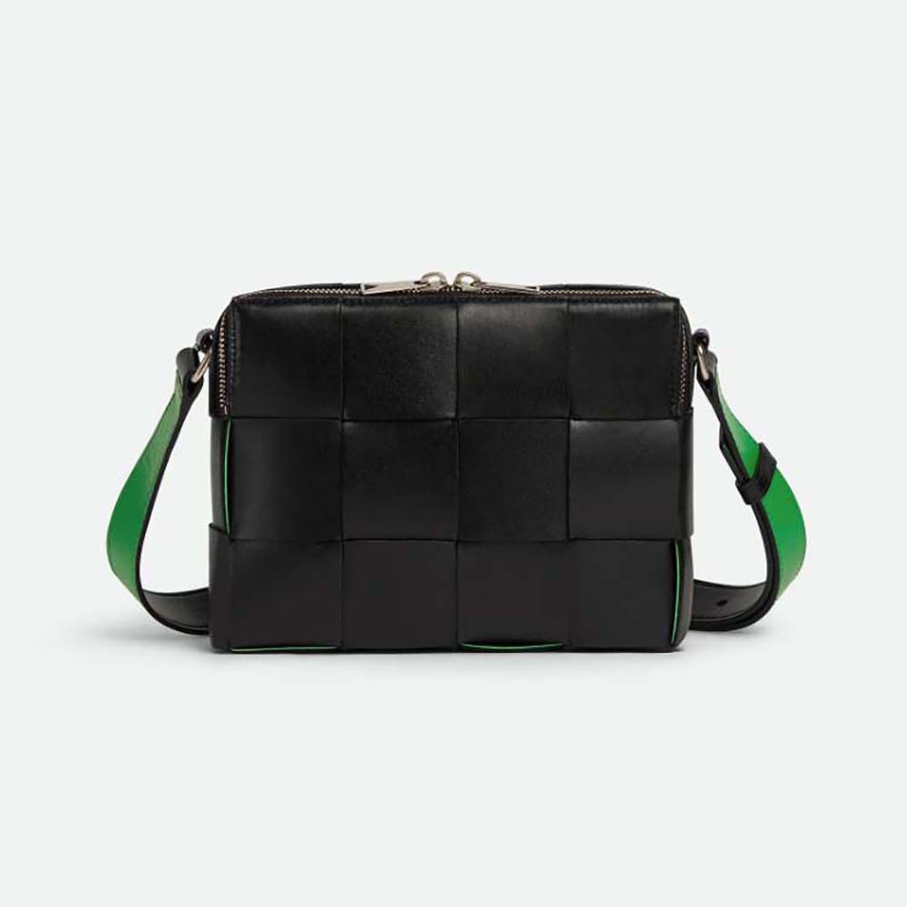 Front view of Bottega Veneta Men Cassette Camera Bag in black leather