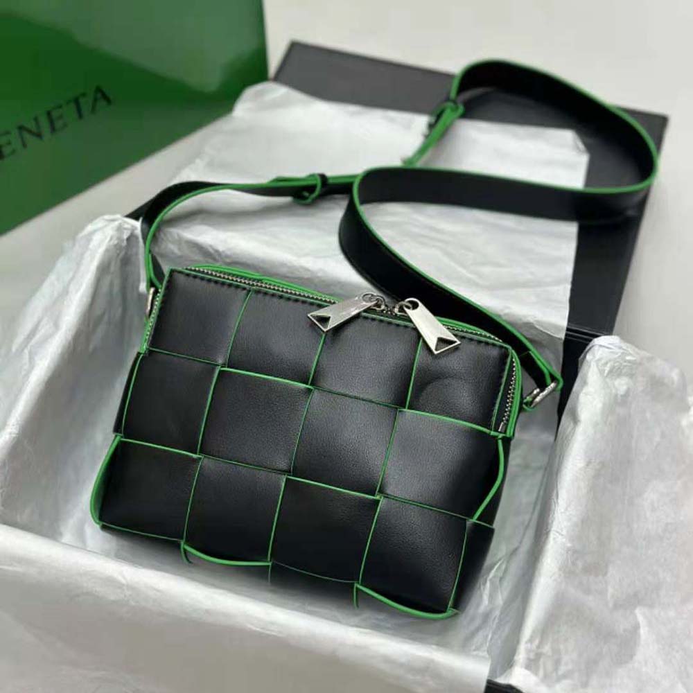 Close-up of woven calfskin detail on Bottega Veneta Men Cassette Camera Bag