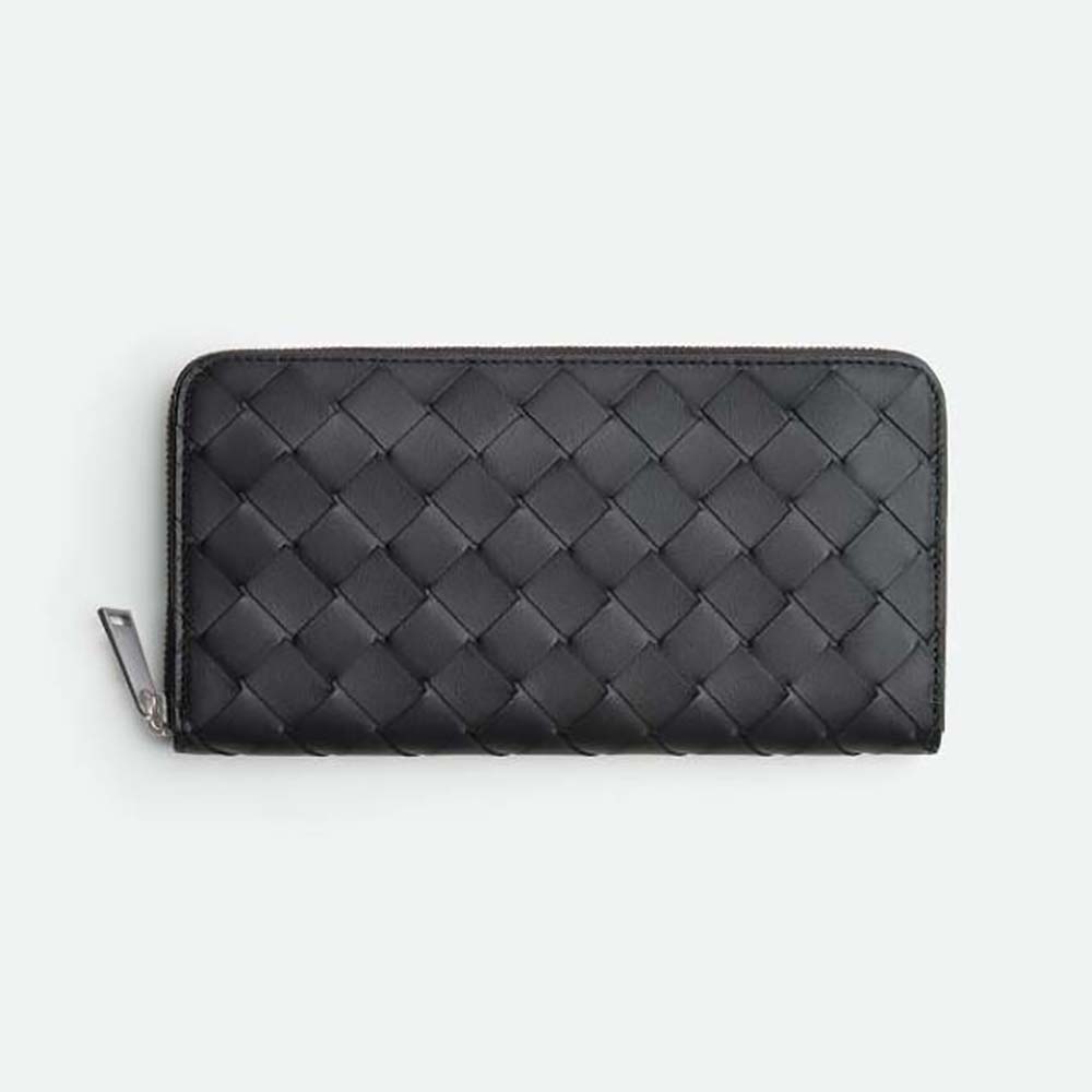 Front view of Bottega Veneta Men Intrecciato Zip Around Wallet-Black
