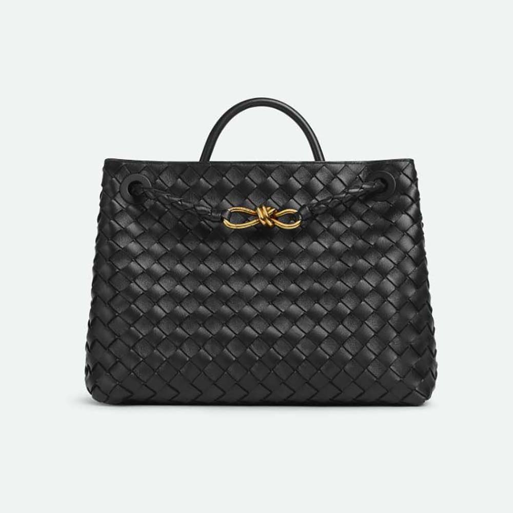 Front view of Bottega Veneta Women Medium Andiamo in Lambskin Leather-Black