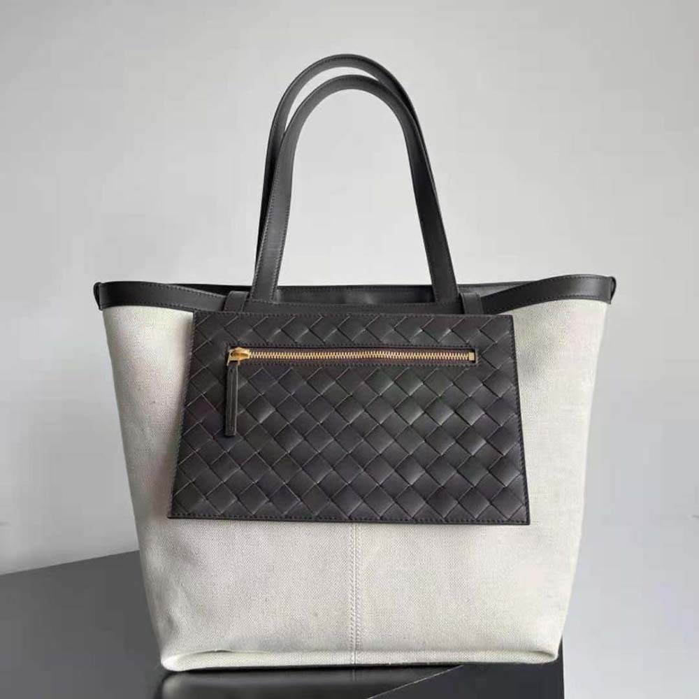 Close-up of intrecciato leather weave and gold hardware detail