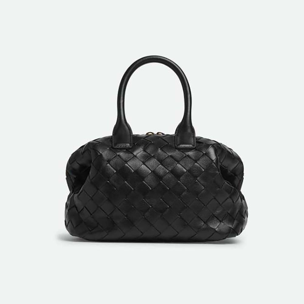 Front view of Bottega Veneta Women Mini Bauletto in black leather