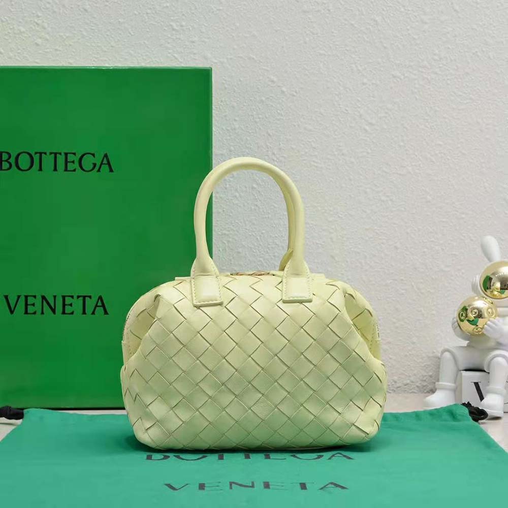Close-up of woven Intrecciato detail on Bottega Veneta Women Mini Bauletto Yellow