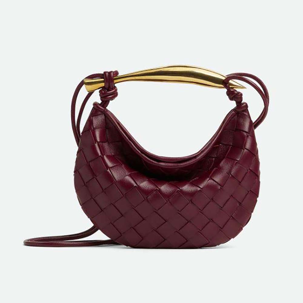 Front view of Bottega Veneta Women Mini Sardine in maroon lambskin