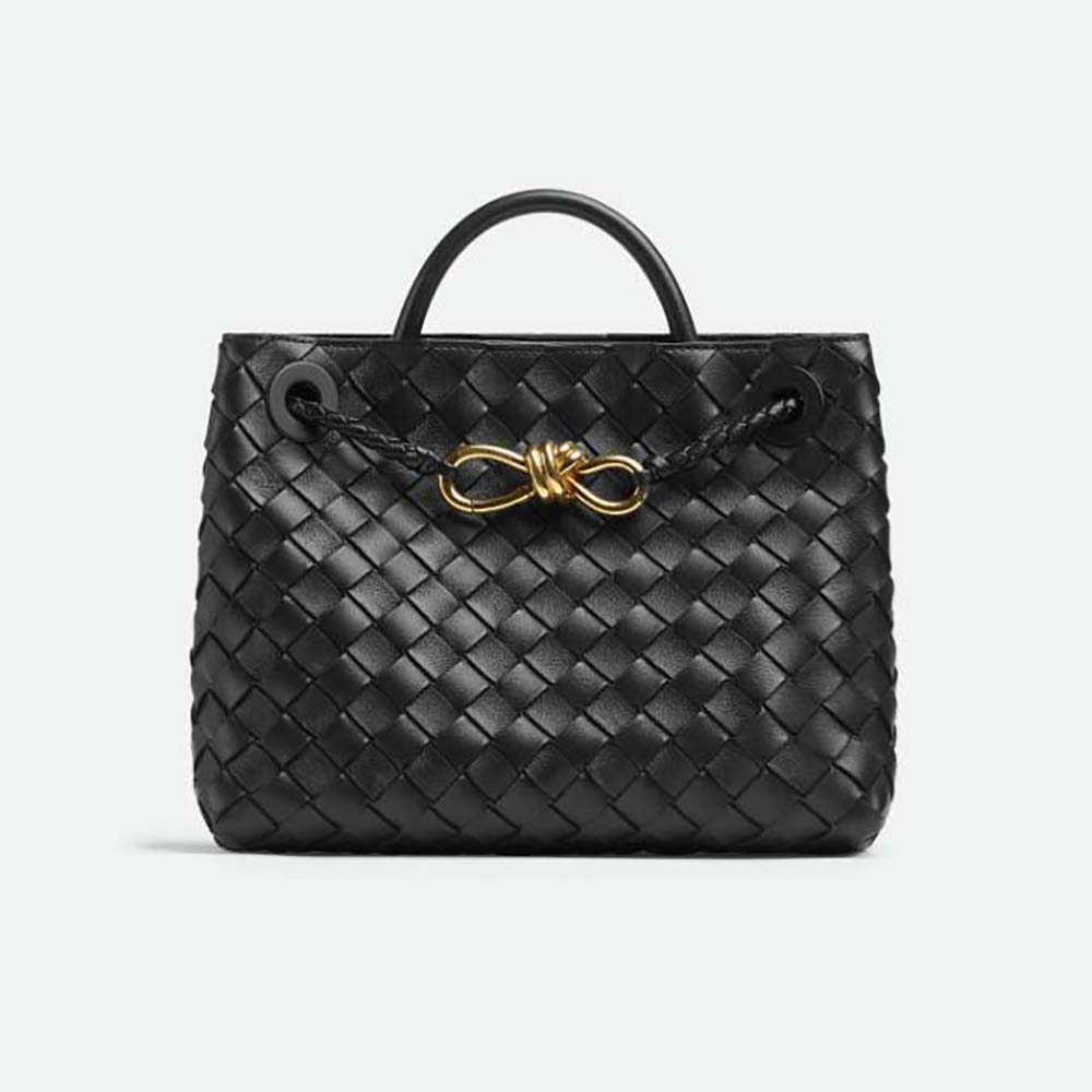 Front view of Bottega Veneta Women Small Andiamo in Lambskin Leather-Black handbag