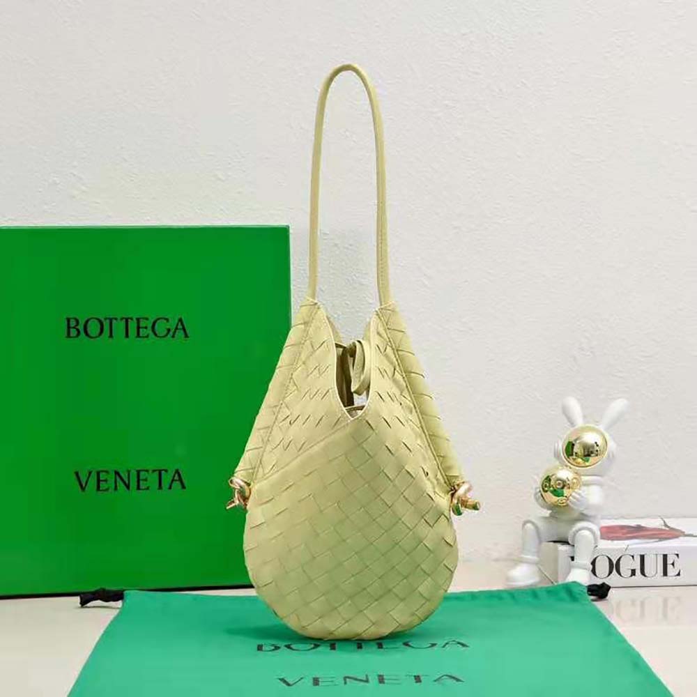 Close-up of intrecciato leather detail on Small Solstice Shoulder Bag-Yellow