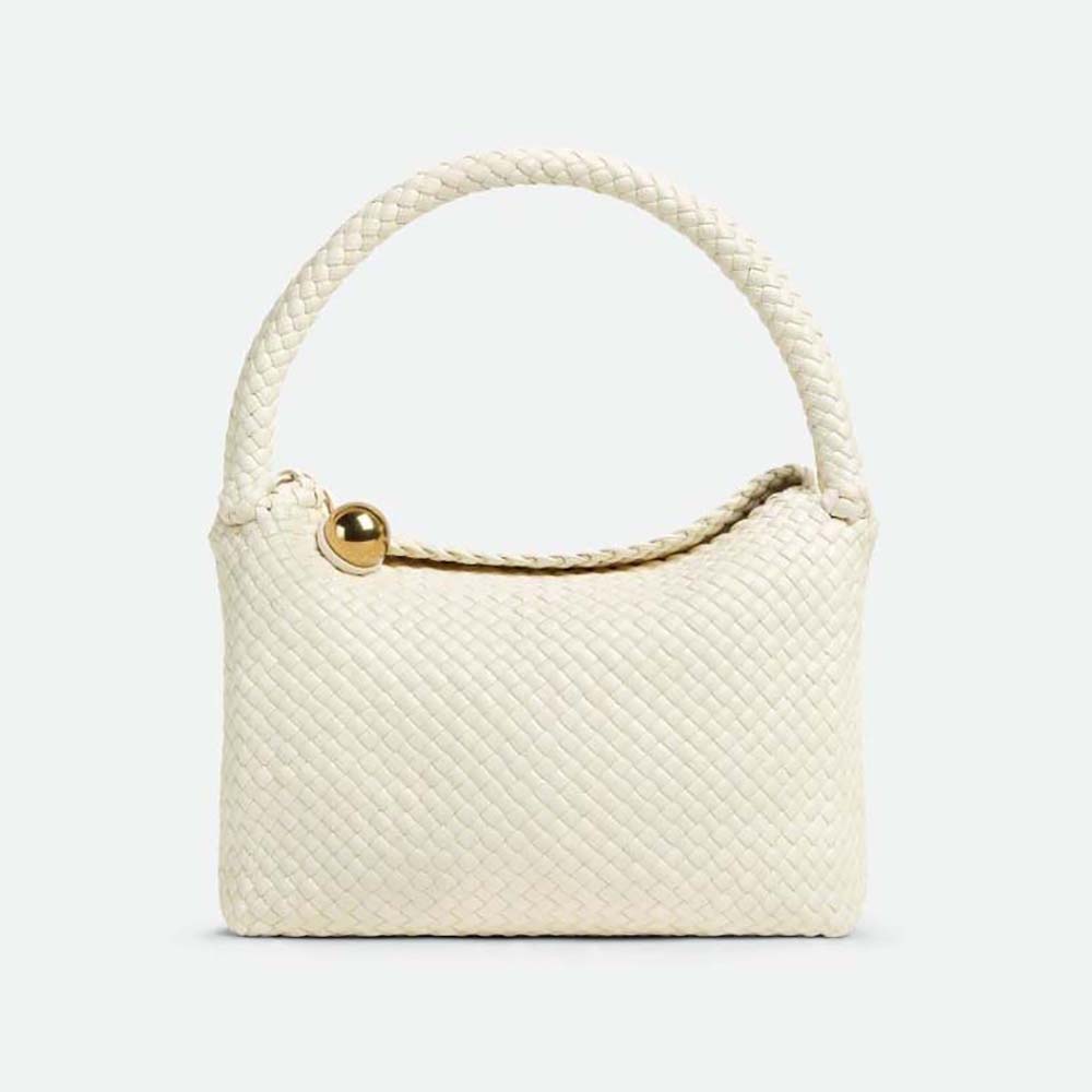Front view of Bottega Veneta Women Tosca Shoulder Bag with metallic sphere closure woven-white
