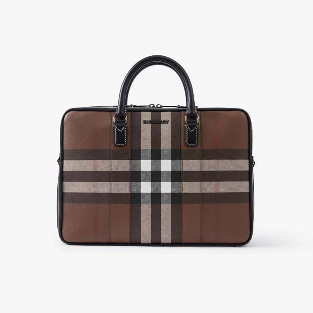 Front view of Burberry Men Ainsworth Briefcase-Brown with flap closed