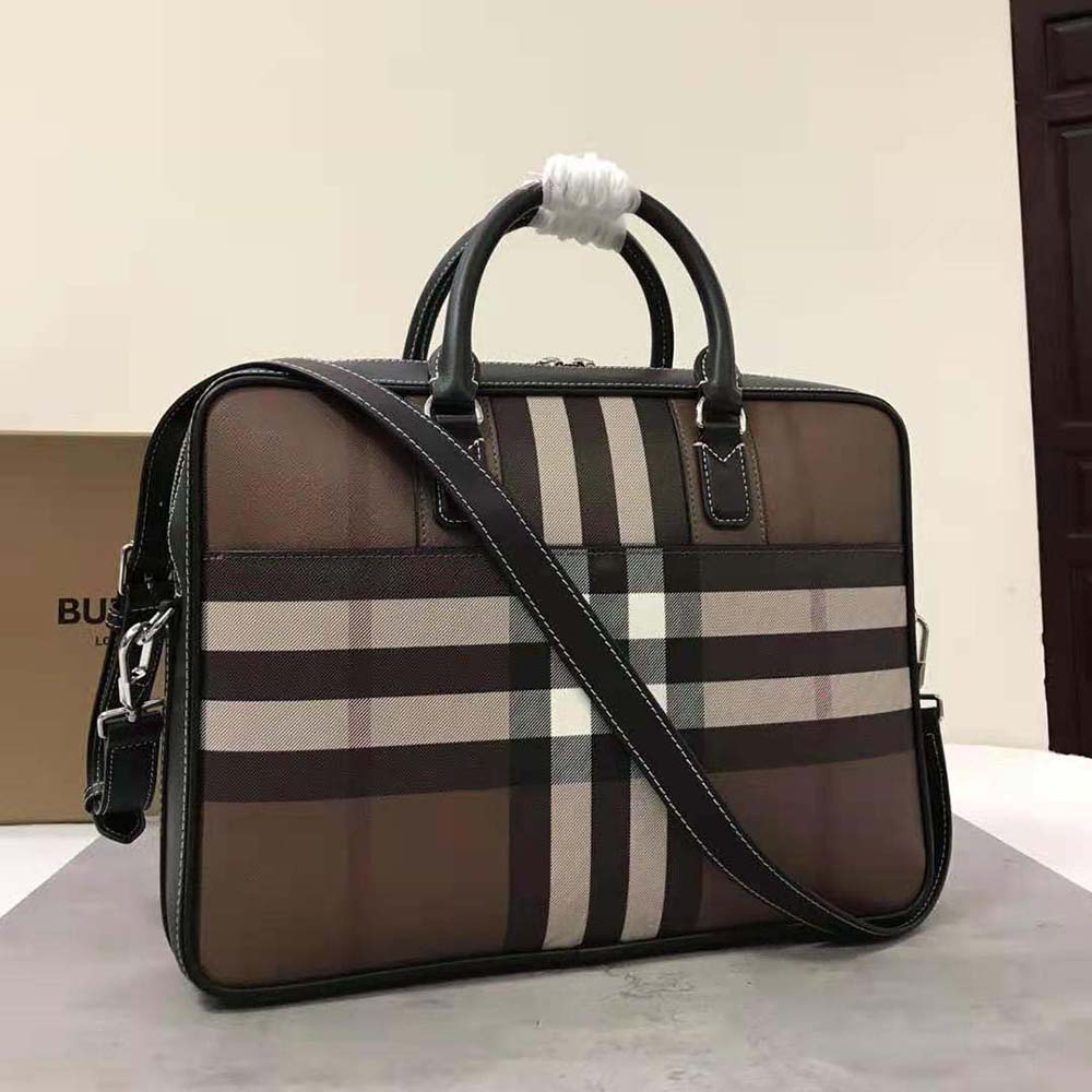 Interior shot showing signature check lining inside Burberry Men Ainsworth Briefcase-Brown