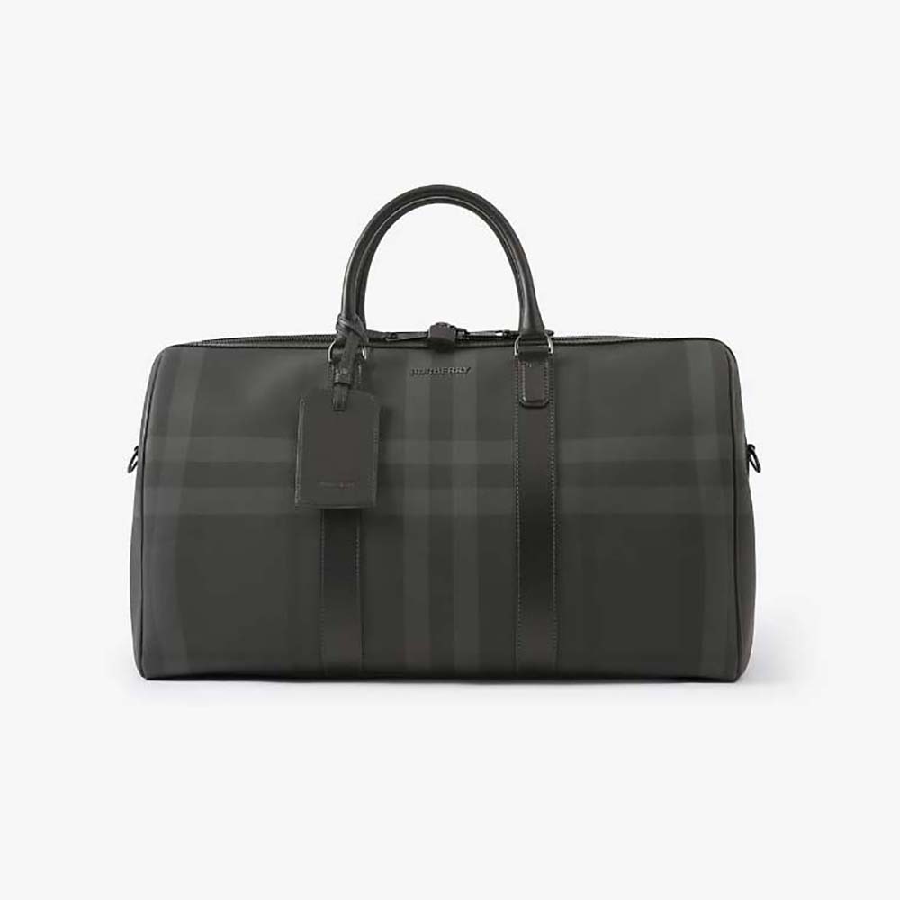 Front angle of Burberry Men Boston Holdall-Gray showing zip closure