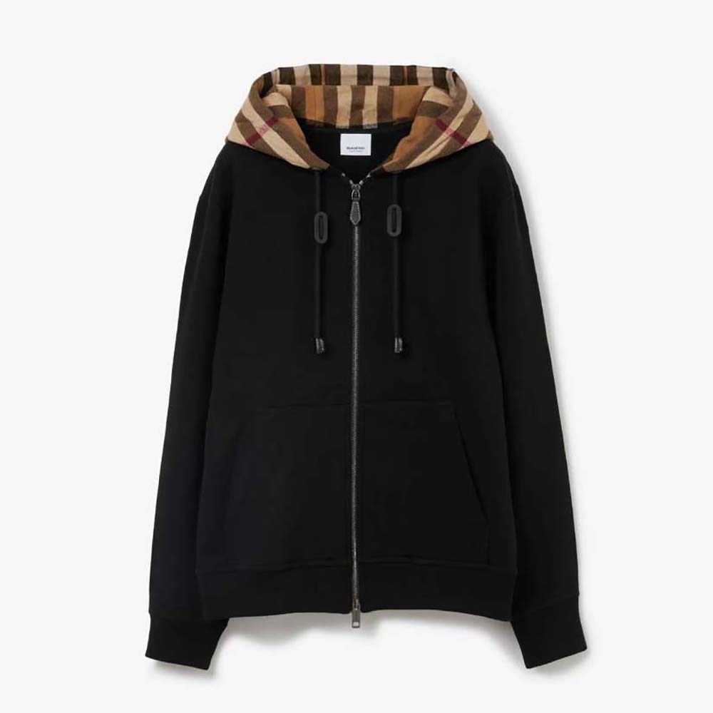 Front view of Burberry Women Check Trim Cotton Zip Hoodie-Black zipped up