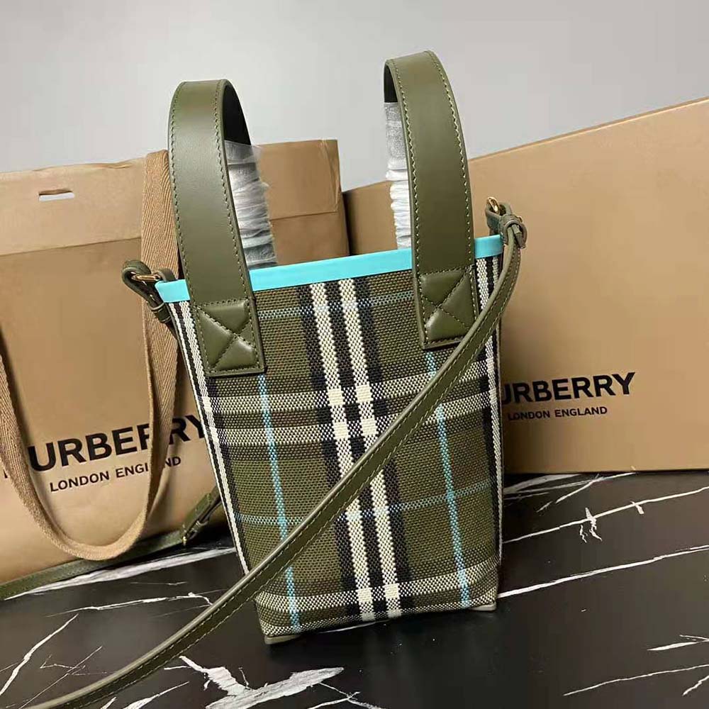 Close-up of blue leather and silver hardware on Burberry Women Mini London Tote Bag-Blue