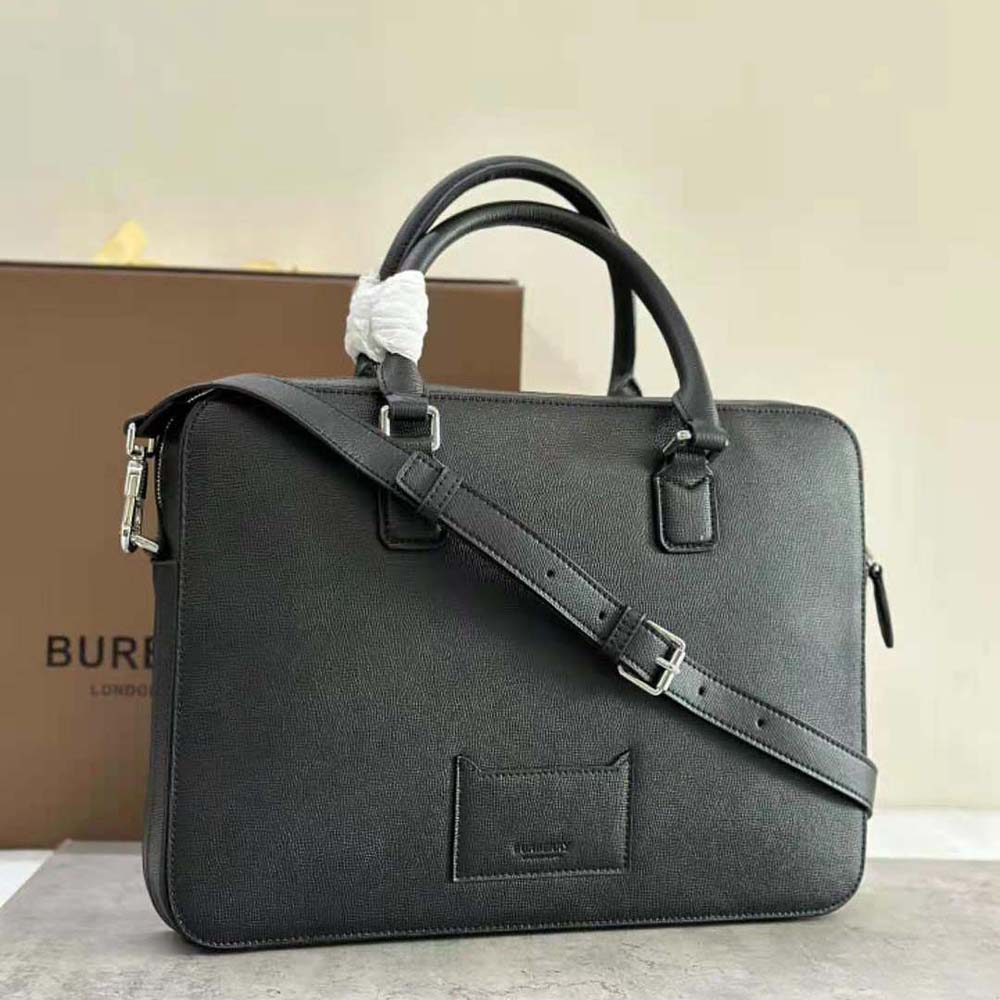 Side angle displaying slim profile of Burberry Men Slim Ainsworth Briefcase-Black