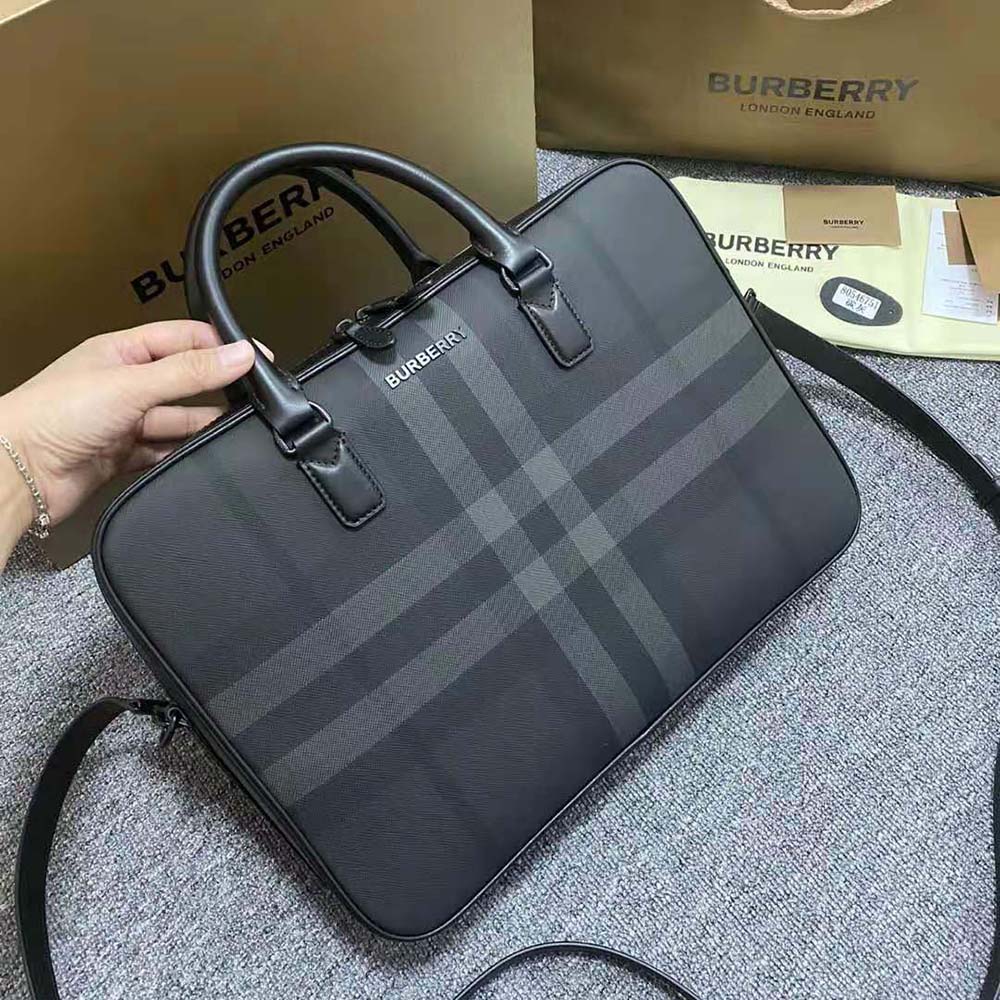 Close-up of silver-tone hardware on Burberry Men Slim Ainsworth Briefcase-Gray