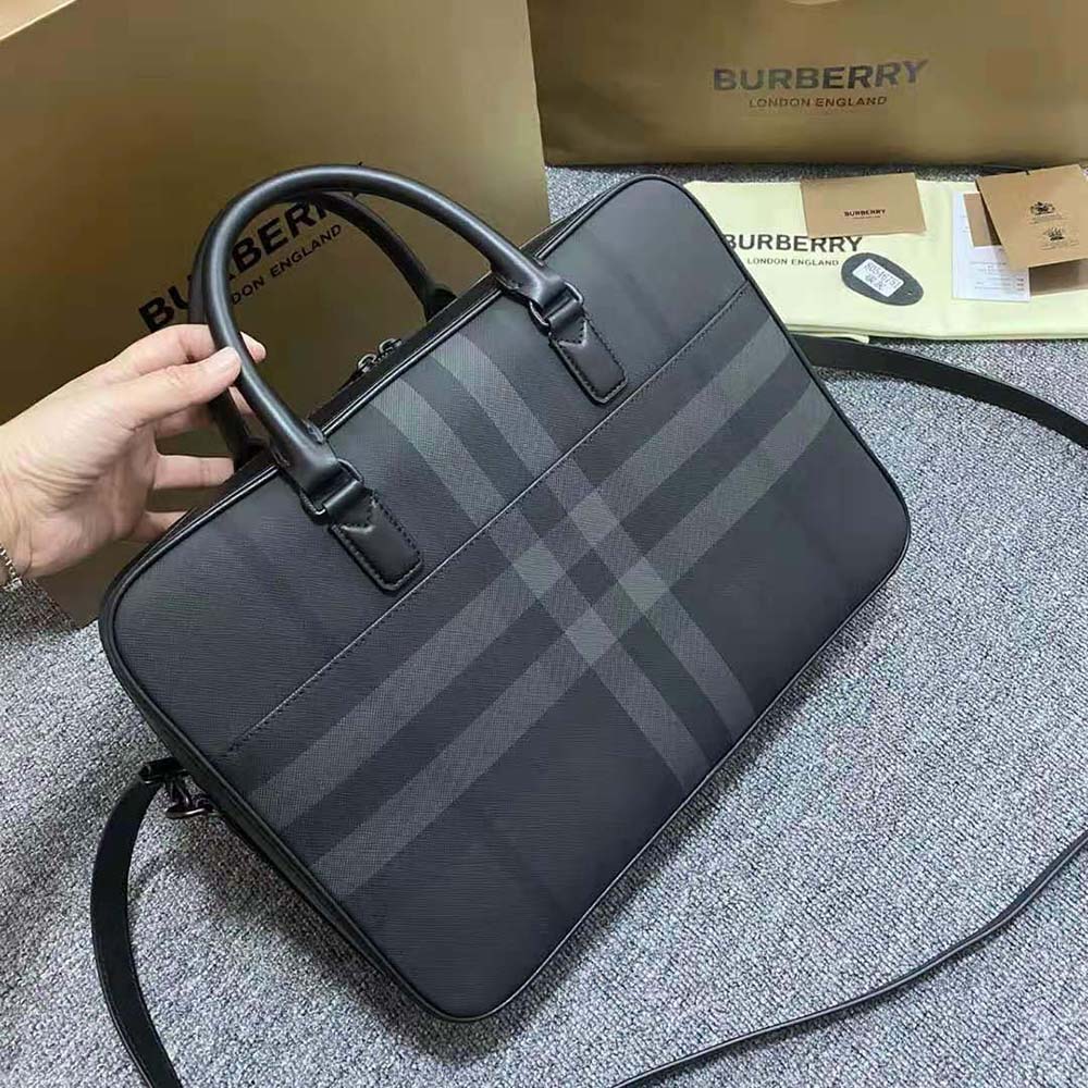 Top-down angle of Burberry Men Slim Ainsworth Briefcase-Gray open interior compartments