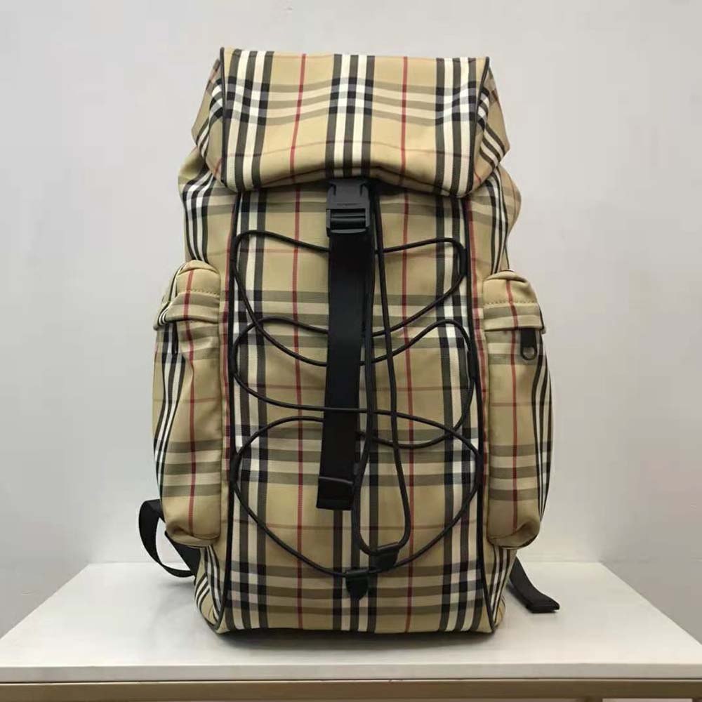 Close-up of Burberry signature check lining inside Murray Backpack-Brown