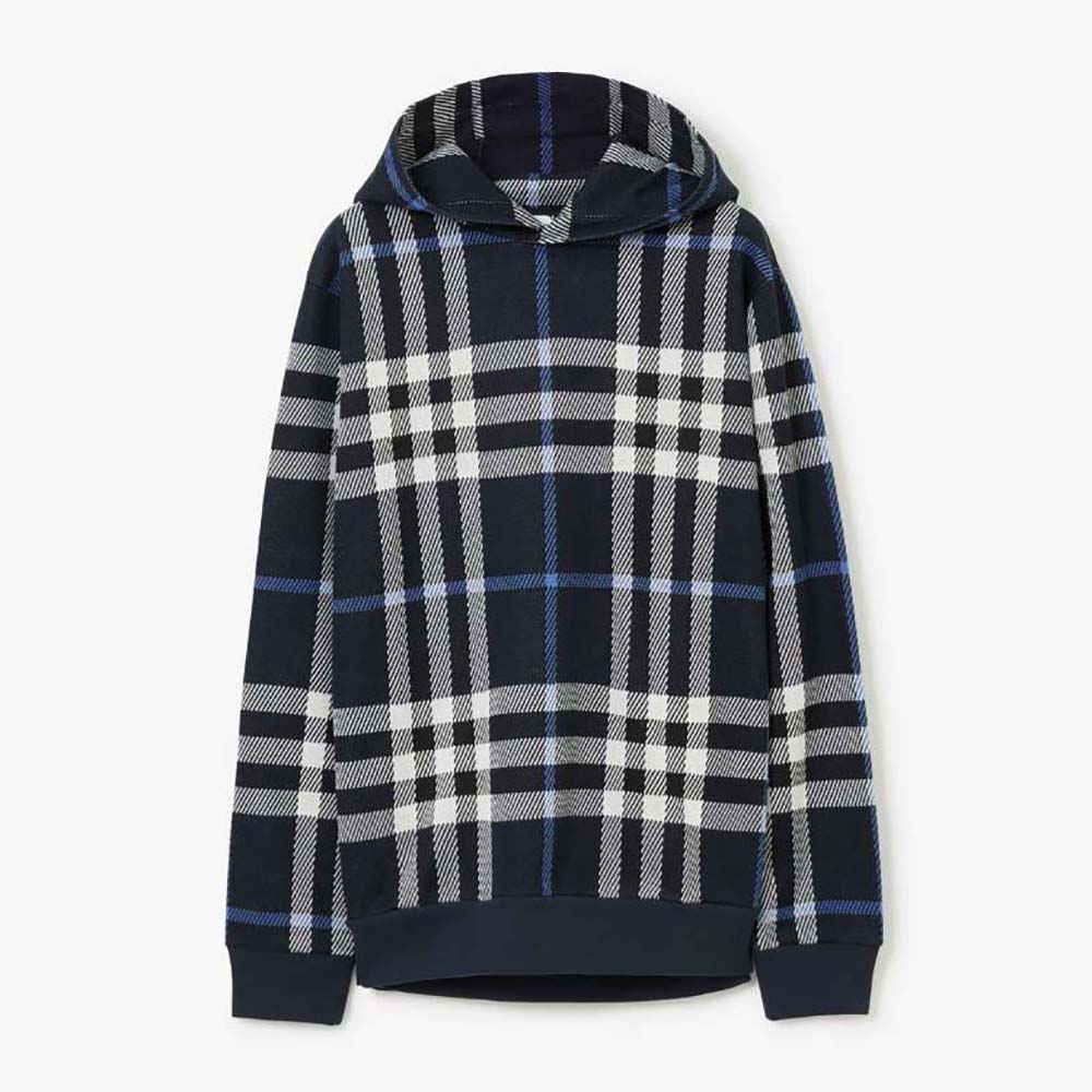 Front view of Burberry Men Check Cotton Jacquard Hoodie-Blue showing check pattern
