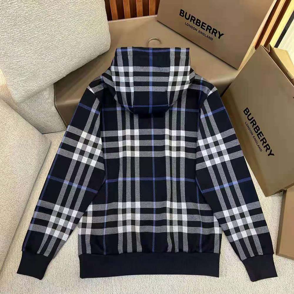 Side angle of Burberry Men Check Cotton Jacquard Hoodie-Blue with hood up