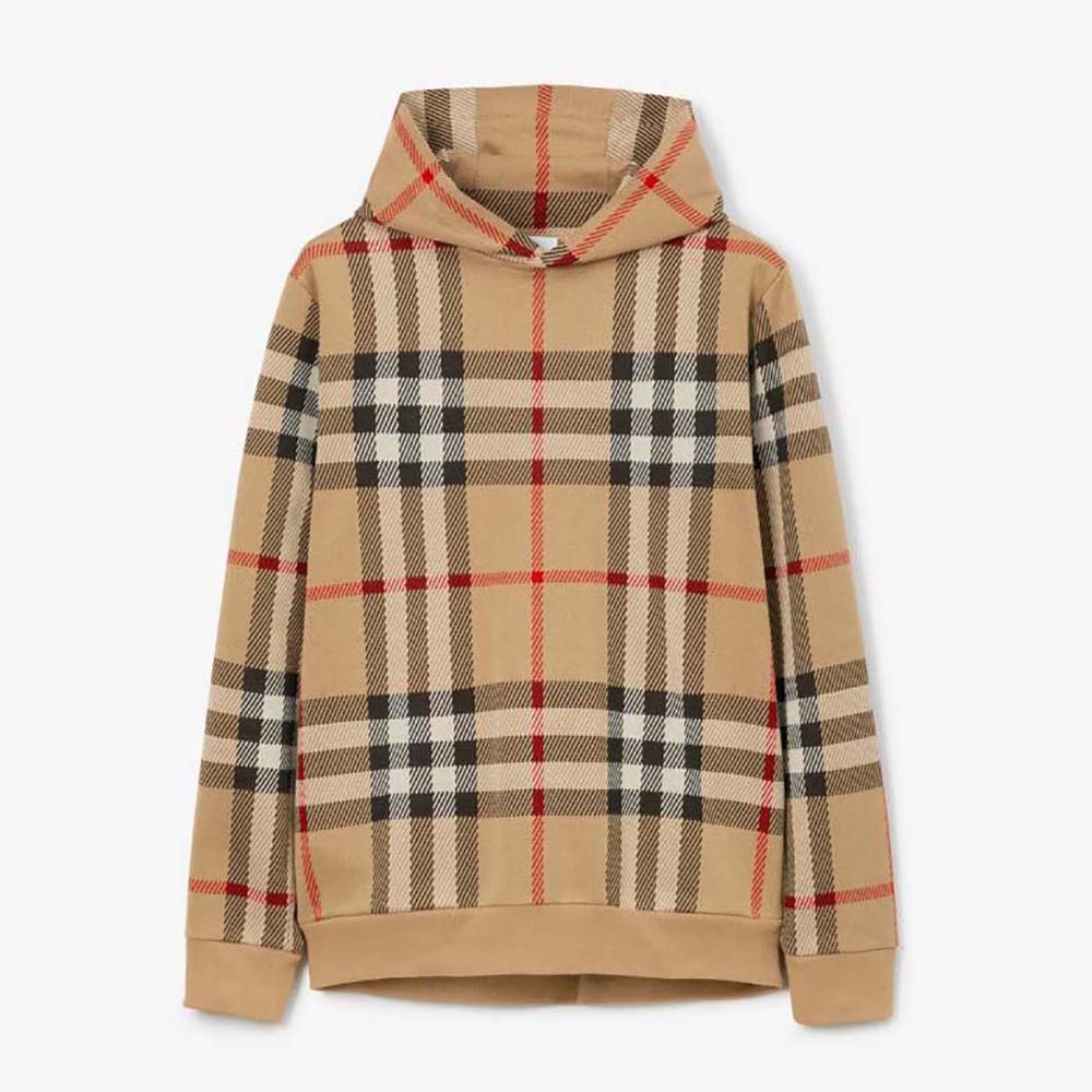 Front view of Burberry Men Check Cotton Jacquard Hoodie-Brown