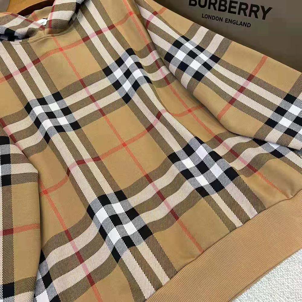 Back view showing relaxed fit of Burberry Men Check Cotton Jacquard Hoodie-Brown