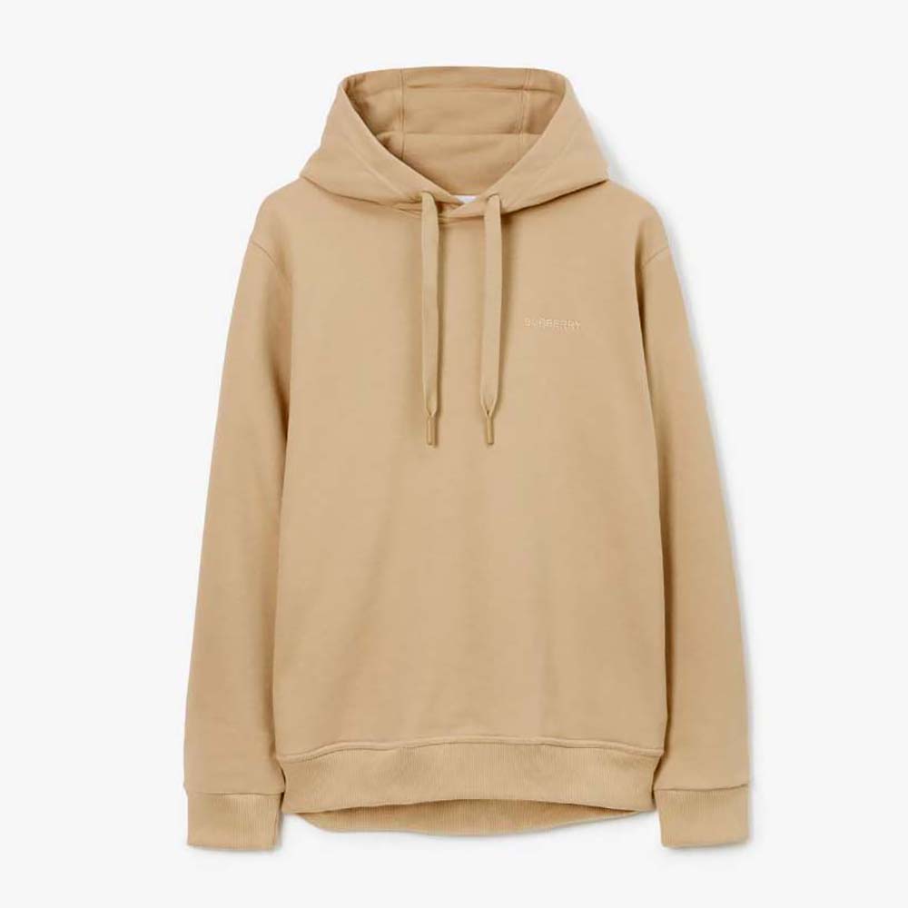 Front view of Burberry Men Check EKD Cotton Hoodie-Beige with logo detail