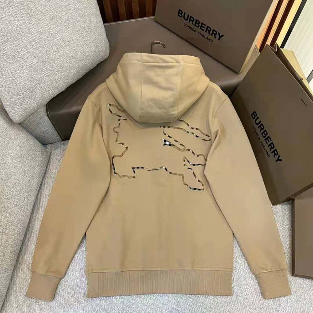 Side profile of Burberry Men Check EKD Cotton Hoodie-Beige showing adjustable hood