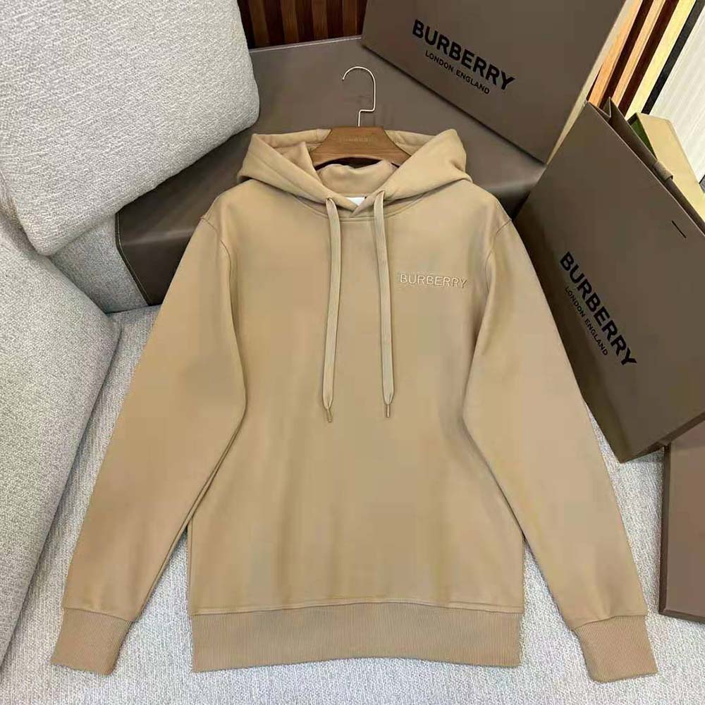 Close-up of Burberry Men Check EKD Cotton Hoodie-Beige signature check panel