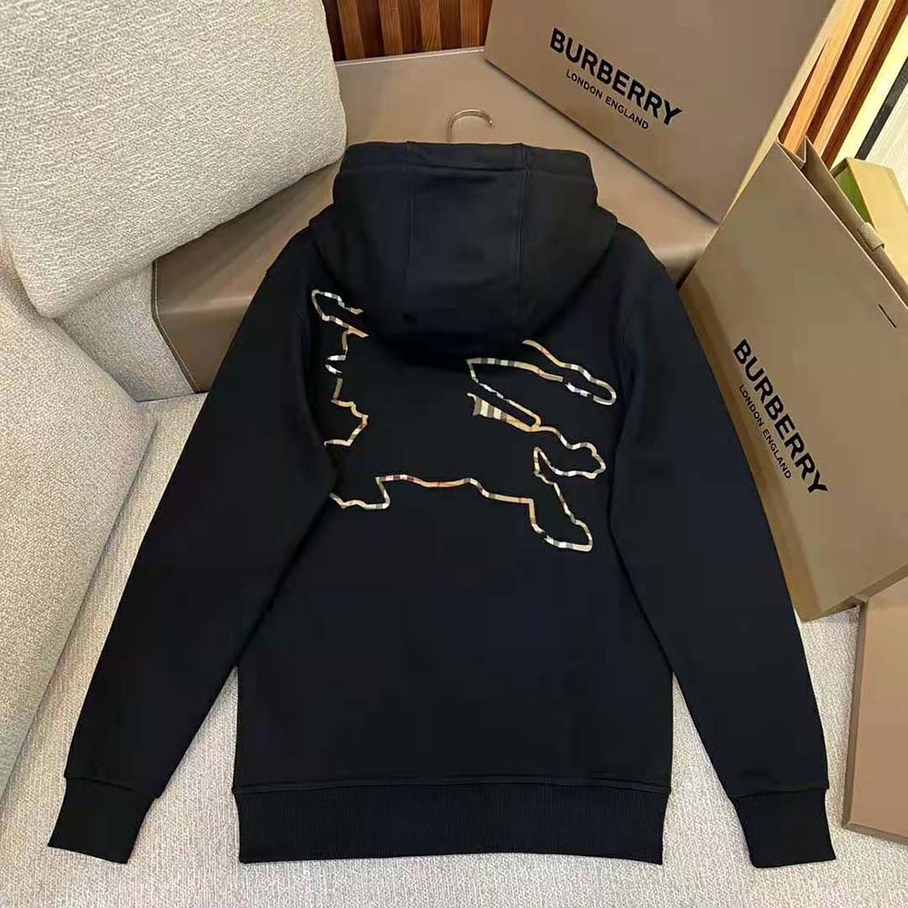 Side profile of Burberry Men Check EKD Cotton Hoodie-Black on mannequin