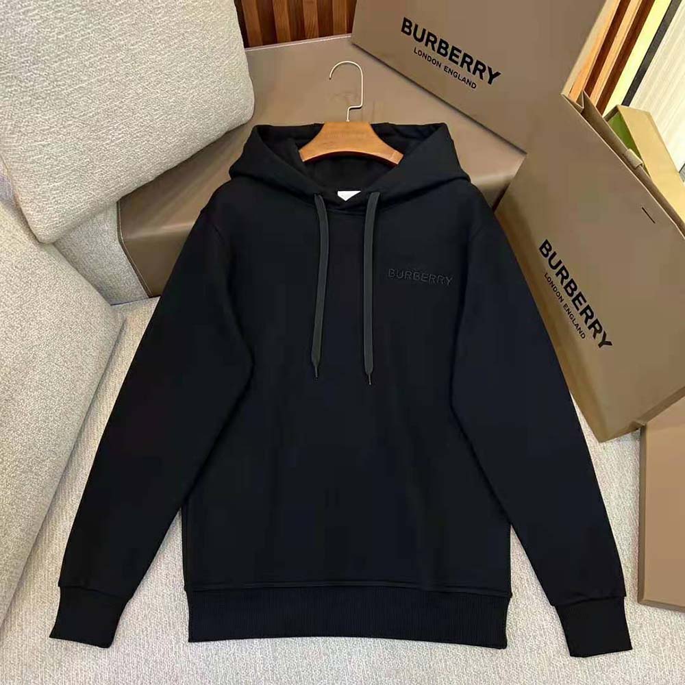 Close-up of Burberry Men Check EKD Cotton Hoodie-Black fabric texture and logo
