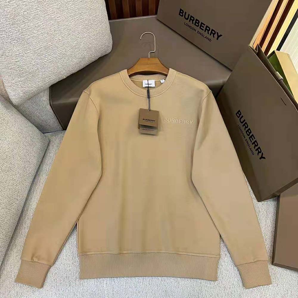Close-up of signature check detail on Burberry Men Check EKD Cotton Sweatshirt-Beige