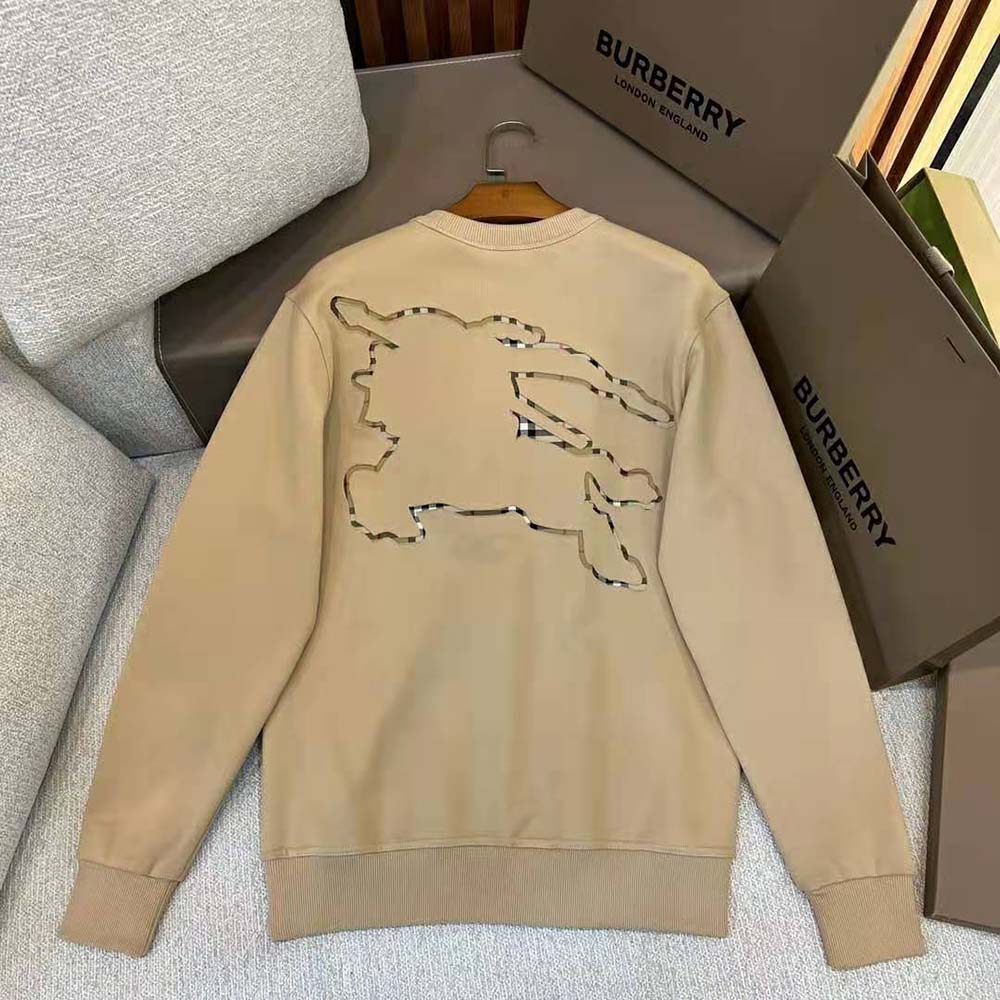 Back angle showcasing clean lines of Burberry Men Check EKD Cotton Sweatshirt-Beige