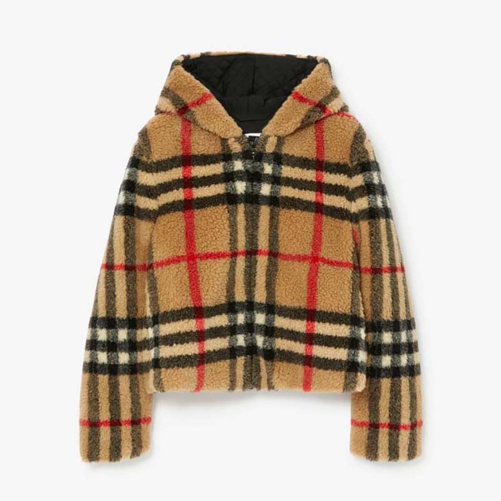 Front view of Burberry Men Check Fleece Hooded Jacket in brown