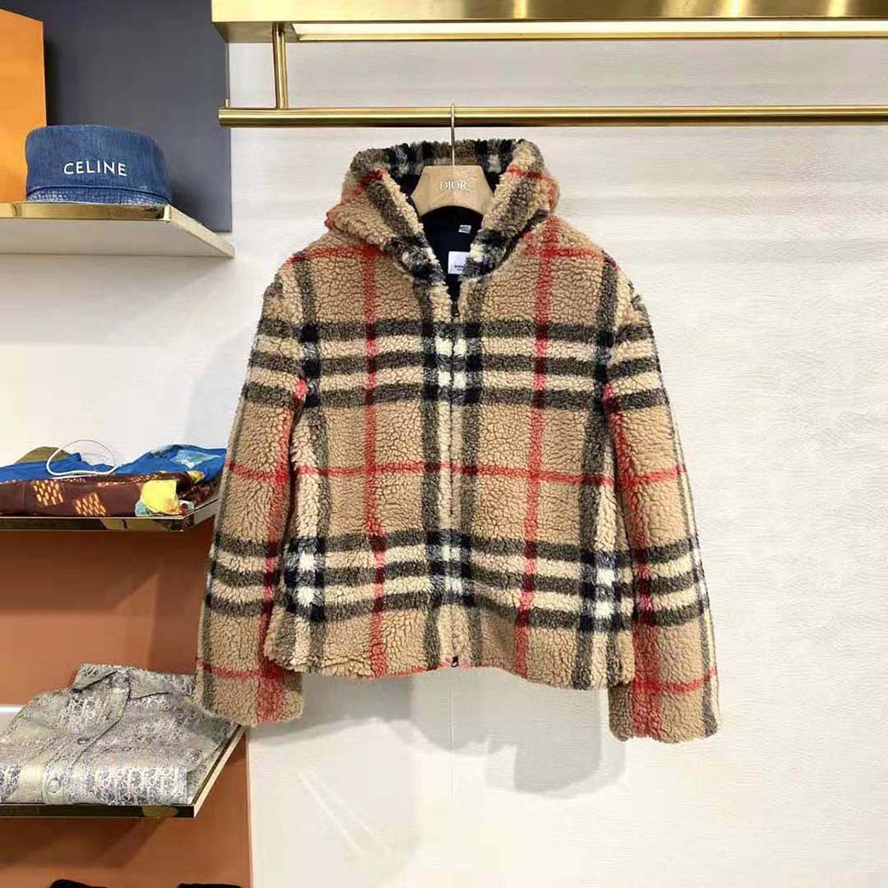 Close-up of Burberry check lining inside fleece hooded jacket