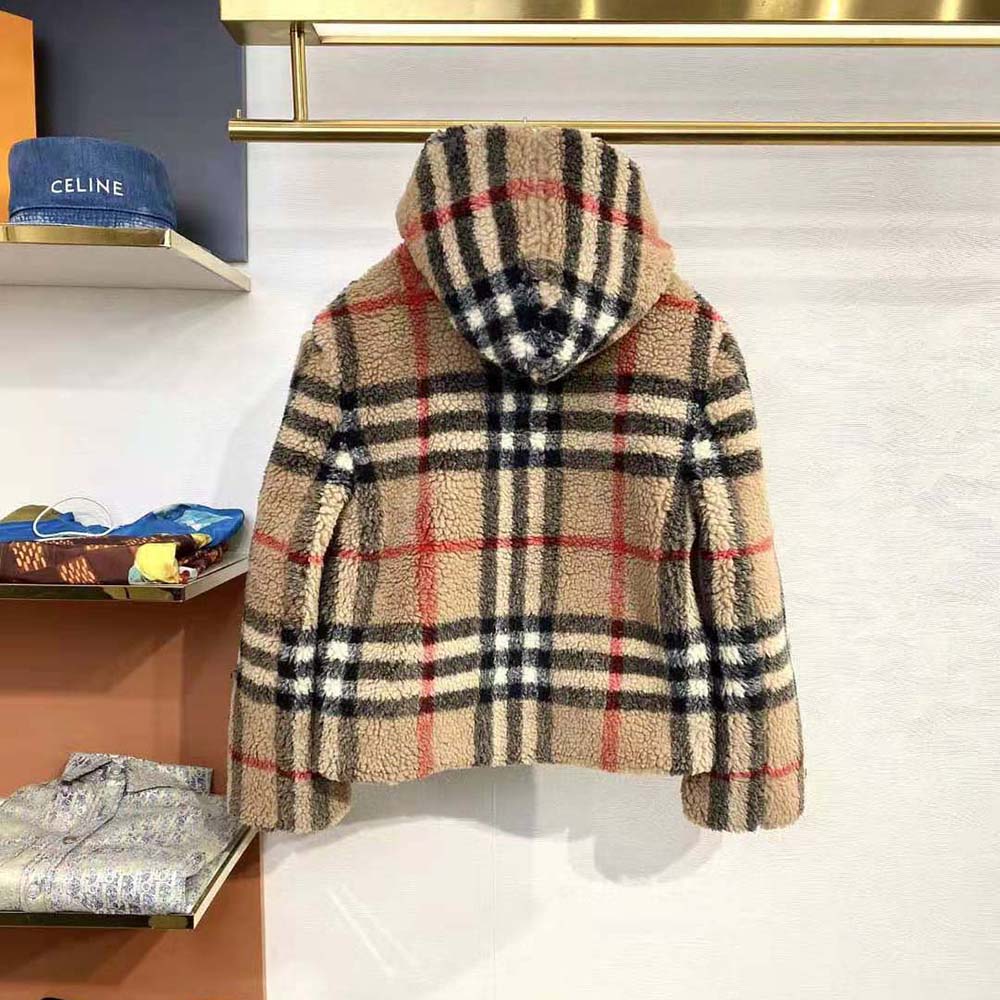 Side angle showing zip closure on Burberry Men Check Fleece Hooded Jacket